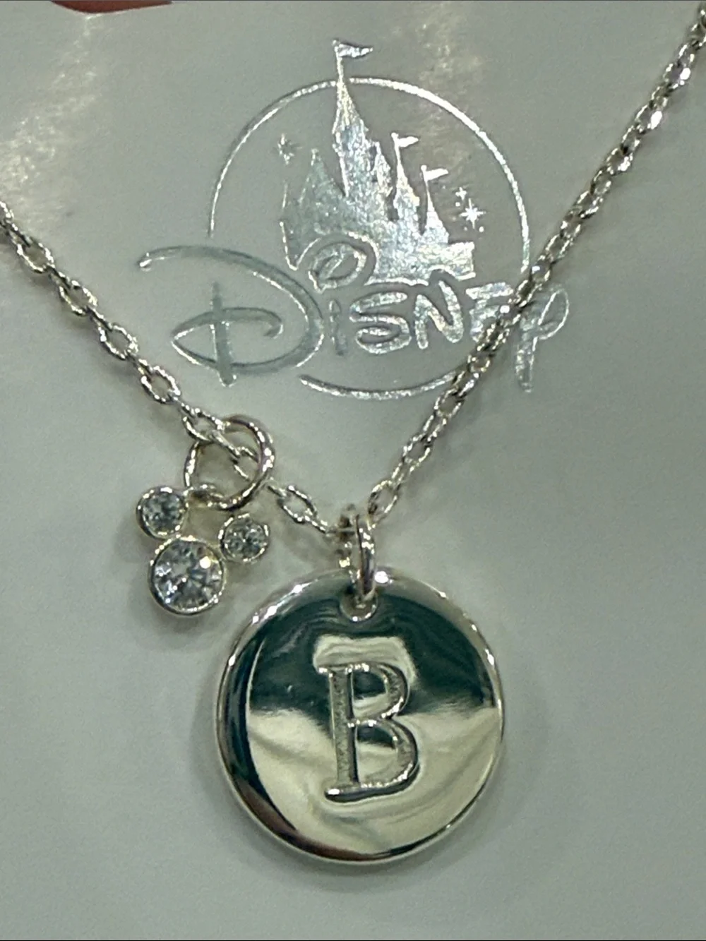 Disney Silver Tone 'B' Initial Necklace with Crystal Mickey Accent